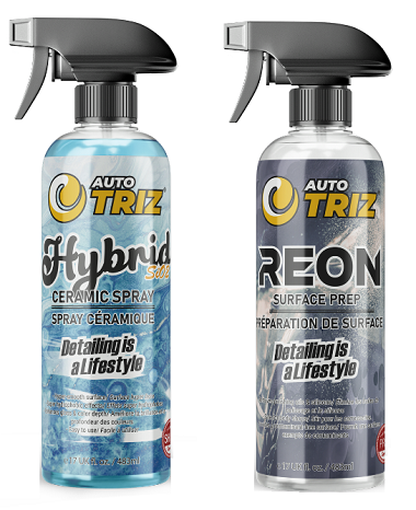 Spray bottle of AUTOTRIZ HYBRID SIO2 CERAMIC SPRAY next to  a spray bottle of AUTOTRIZE REON SURFACE PREP 